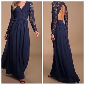 Navy Blue Lace Long sleeve Open Back Maxi Dress